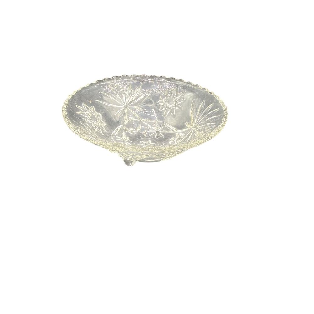 Vintage Clear Crystal Footed Bowl Star Design 7" diameter Mid Century Atomic